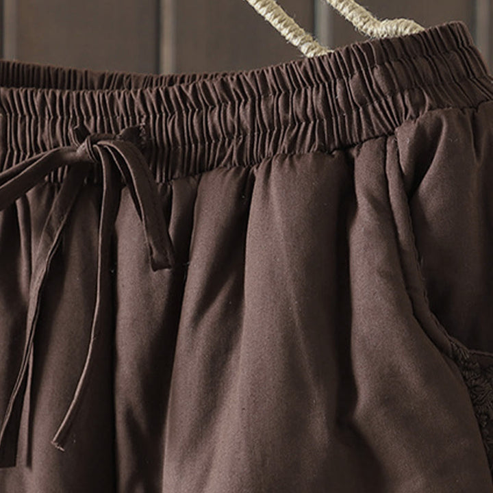 Pantalones gruesos de algodón y poliéster con bordado de flores y Buddha Stones para mujer con bolsillos - image 3