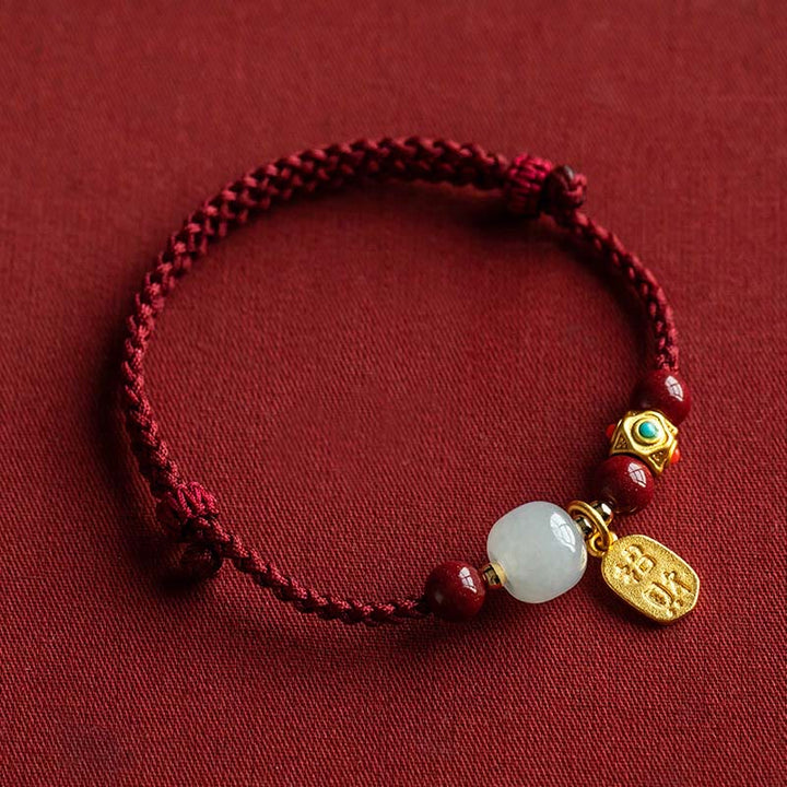Pulsera de la suerte con Buddha Stones, amuleto de la suerte, jade cian hetiano, jade blanco, hilo trenzado multicolor - Hilo rojo y jade blanco hetiano - 17-18 cm - image 11
