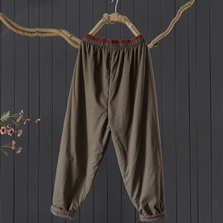 Pantalones gruesos de algodón y poliéster con diseño de bloques de color liso y bolsillos para mujer de Buddha Stones - image 3