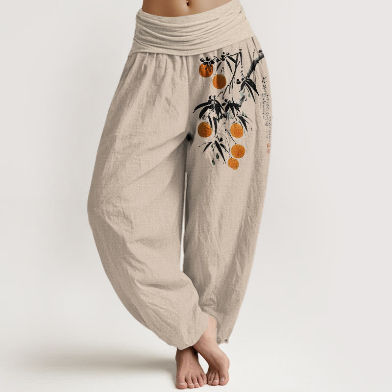 Pantalones harén de algodón puro con estampado de ramas de frutas de colores brillantes y Buddha Stones para mujer, con cintura elástica - Broncearse - US16，UK/AU20，EU48 (3XL) - image 0