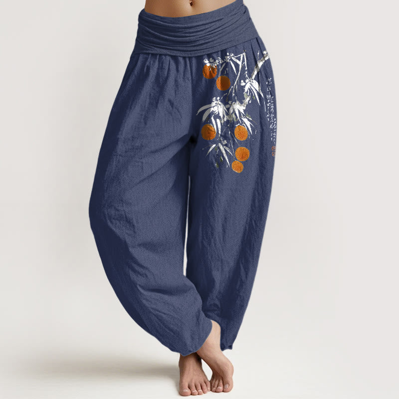 Pantalones harén de algodón puro con estampado de ramas de frutas de colores brillantes y Buddha Stones para mujer, con cintura elástica - Azul pizarra oscuro - US16，UK/AU20，EU48 (3XL) - image 8