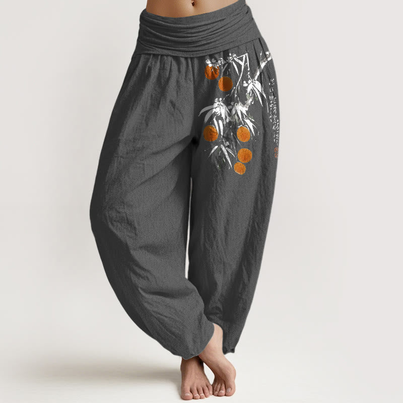 Pantalones harén de algodón puro con estampado de ramas de frutas de colores brillantes y Buddha Stones para mujer, con cintura elástica - Gris oscuro - US16，UK/AU20，EU48 (3XL) - image 11