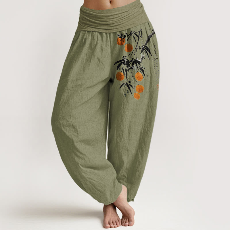 Pantalones harén de algodón puro con estampado de ramas de frutas de colores brillantes y Buddha Stones para mujer, con cintura elástica - Verde oliva - US16，UK/AU20，EU48 (3XL) - image 14