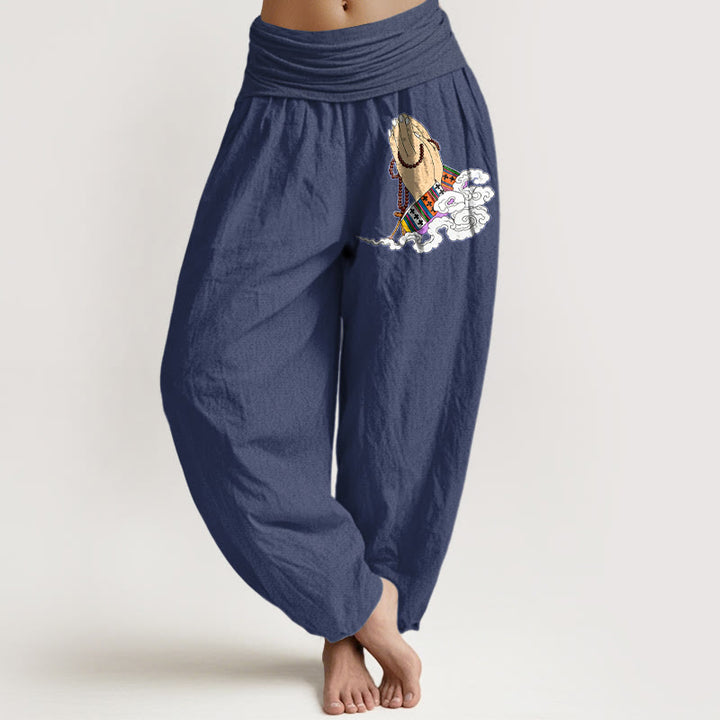 Pantalones Buddha Stones, manos entrelazadas, cuentas de oración y nubes, cintura elástica, para mujer - Azul pizarra oscuro - US16，UK/AU20，EU48 (3XL) - image 5
