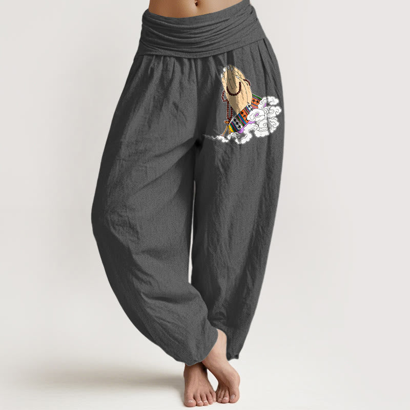 Pantalones Buddha Stones, manos entrelazadas, cuentas de oración y nubes, cintura elástica, para mujer - Gris oscuro - US16，UK/AU20，EU48 (3XL) - image 8