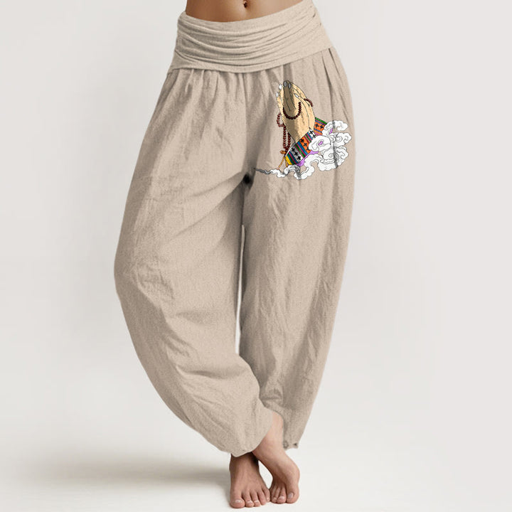 Pantalones Buddha Stones, manos entrelazadas, cuentas de oración y nubes, cintura elástica, para mujer - Broncearse - US16，UK/AU20，EU48 (3XL) - image 11