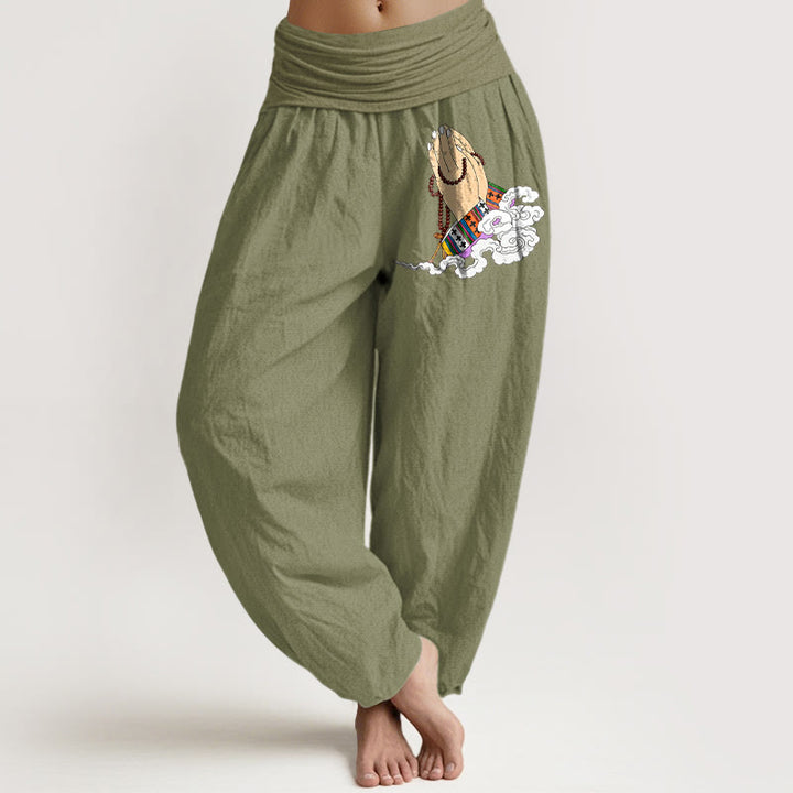 Pantalones Buddha Stones, manos entrelazadas, cuentas de oración y nubes, cintura elástica, para mujer - Verde oliva - US16，UK/AU20，EU48 (3XL) - image 14