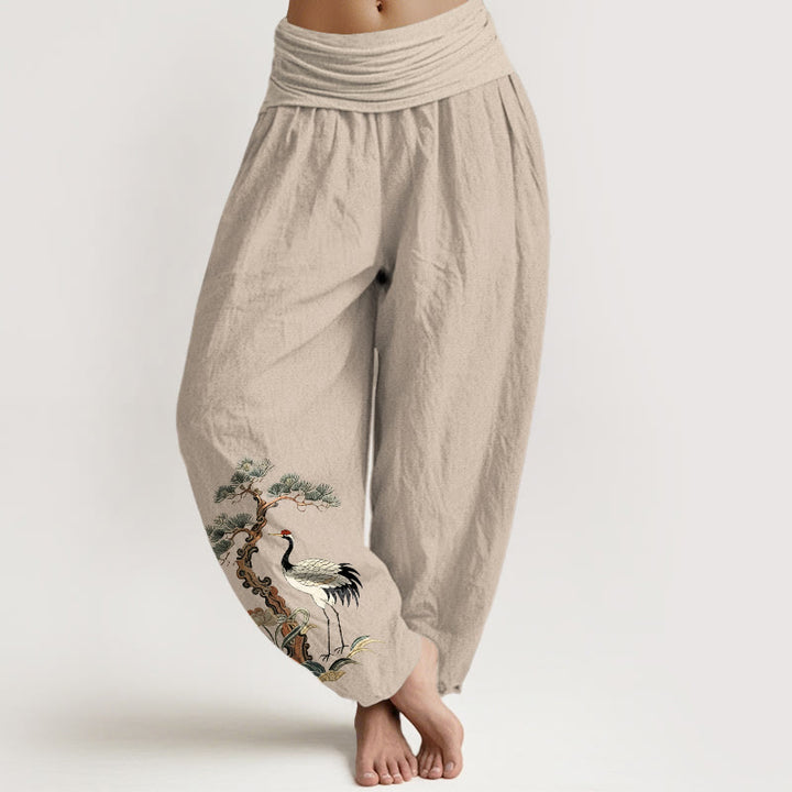 Pantalones Buddha Stones de algodón puro con diseño de grulla, pino, flores y hierba para mujer, con cintura elástica - Broncearse - US16，UK/AU20，EU48 (3XL) - image 0