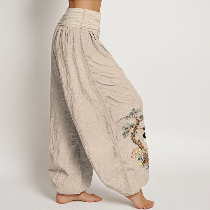 Pantalones Buddha Stones de algodón puro con diseño de grulla, pino, flores y hierba para mujer, con cintura elástica - image 2