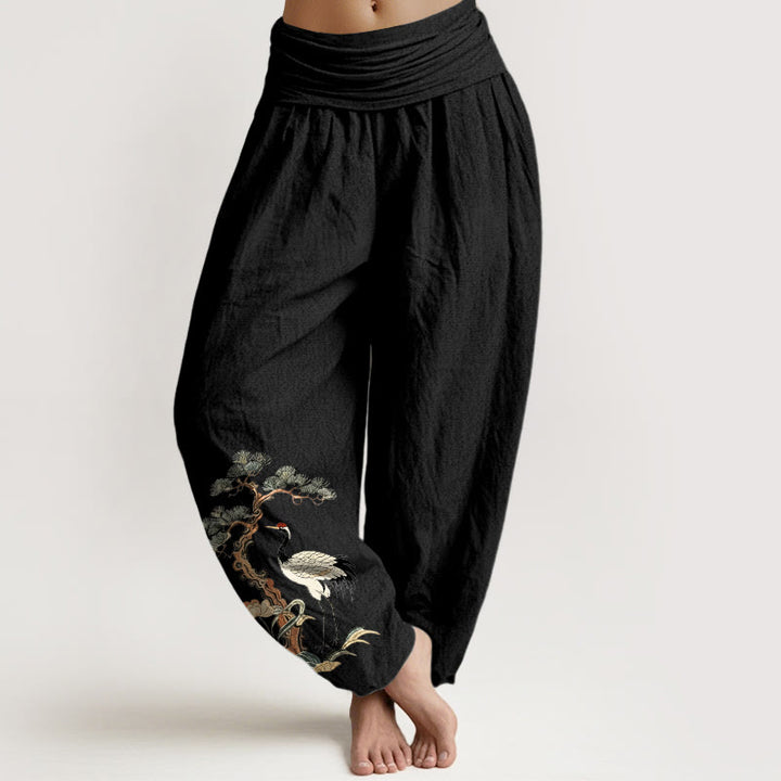 Pantalones Buddha Stones de algodón puro con diseño de grulla, pino, flores y hierba para mujer, con cintura elástica - Negro - US16，UK/AU20，EU48 (3XL) - image 5