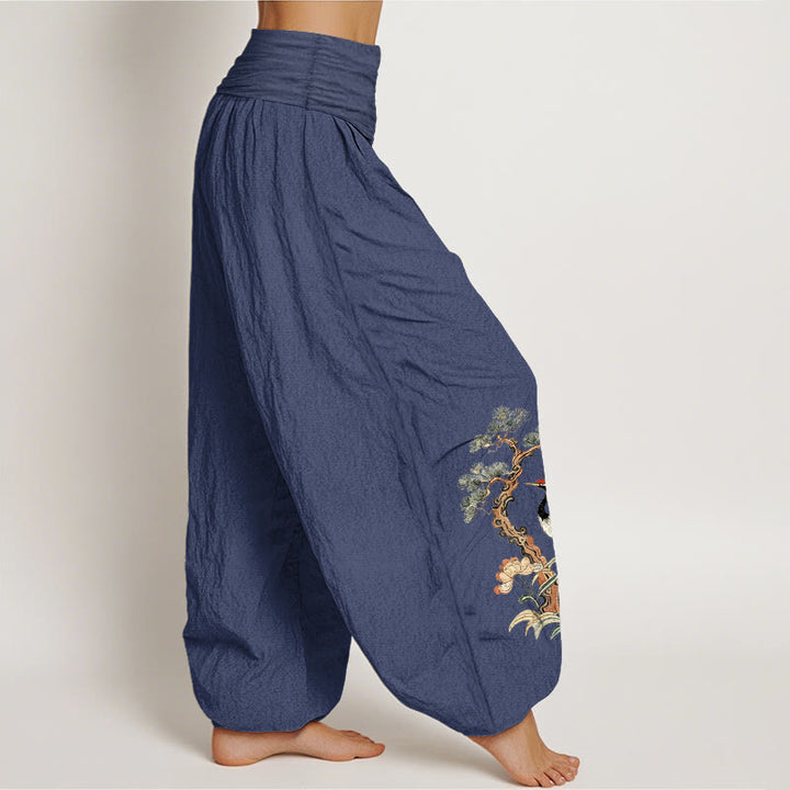 Pantalones Buddha Stones de algodón puro con diseño de grulla, pino, flores y hierba para mujer, con cintura elástica - image 10
