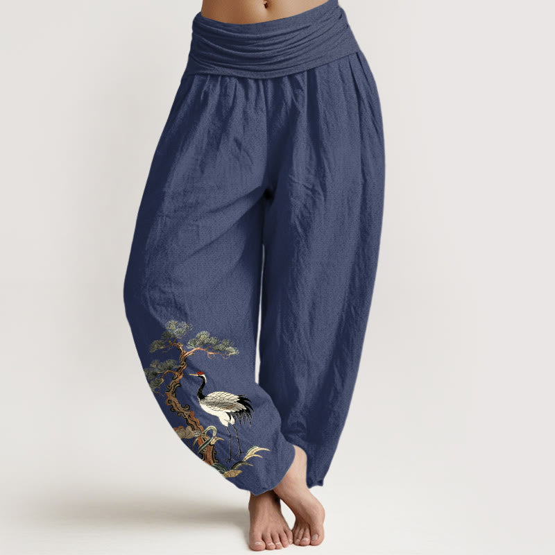 Pantalones Buddha Stones de algodón puro con diseño de grulla, pino, flores y hierba para mujer, con cintura elástica - Azul pizarra oscuro - US16，UK/AU20，EU48 (3XL) - image 8