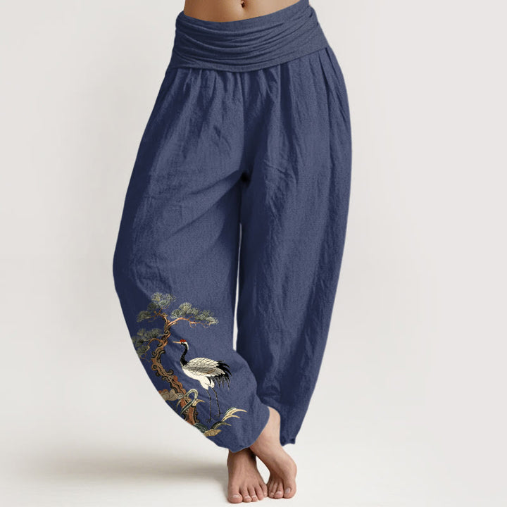 Pantalones Buddha Stones de algodón puro con diseño de grulla, pino, flores y hierba para mujer, con cintura elástica - Azul pizarra oscuro - US16，UK/AU20，EU48 (3XL) - image 8