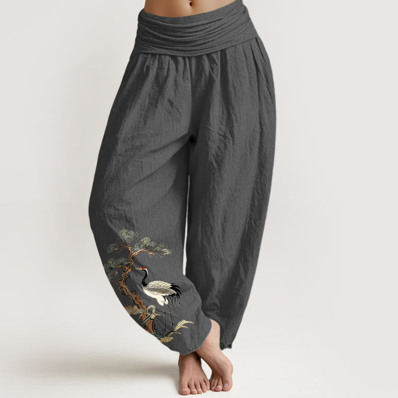 Pantalones Buddha Stones de algodón puro con diseño de grulla, pino, flores y hierba para mujer, con cintura elástica - Gris oscuro - US16，UK/AU20，EU48 (3XL) - image 11