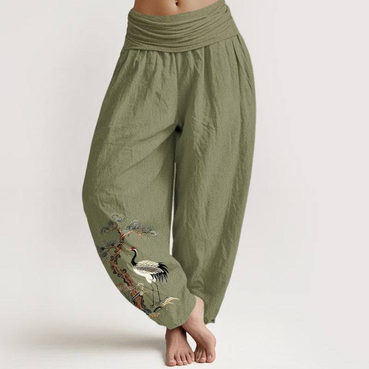 Pantalones Buddha Stones de algodón puro con diseño de grulla, pino, flores y hierba para mujer, con cintura elástica - Verde oliva - US16，UK/AU20，EU48 (3XL) - image 14