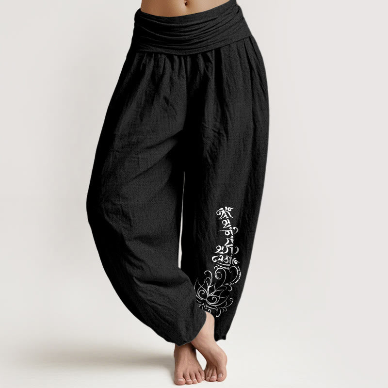 Pantalones Buddha Stones de algodón puro con estampado de loto Om Mani Padme Hum para mujer, cintura elástica - Negro - US16，UK/AU20，EU48 (3XL) - image 0