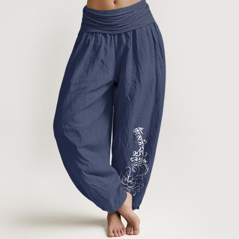 Pantalones Buddha Stones de algodón puro con estampado de loto Om Mani Padme Hum para mujer, cintura elástica - Azul pizarra oscuro - US16，UK/AU20，EU48 (3XL) - image 5