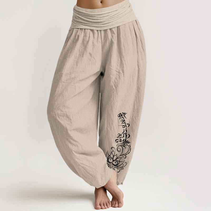 Pantalones Buddha Stones de algodón puro con estampado de loto Om Mani Padme Hum para mujer, cintura elástica - Broncearse - US16，UK/AU20，EU48 (3XL) - image 11