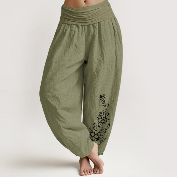Pantalones Buddha Stones de algodón puro con estampado de loto Om Mani Padme Hum para mujer, cintura elástica - Verde oliva - US16，UK/AU20，EU48 (3XL) - image 14