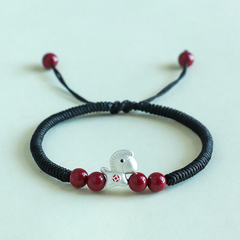 Pulsera trenzada de la suerte con cuentas de cinabrio y Buddha Stones del Año del Caballo en plata de ley 999 - Caballo plateado de cuerda negra (circunferencia de la muñeca: 14-18 cm) - image 17