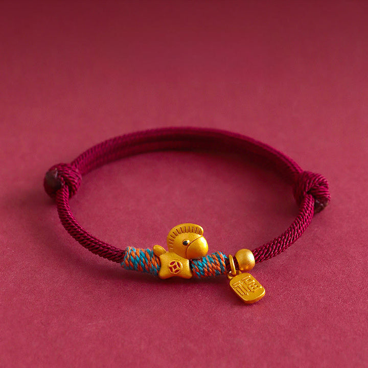 Pulsera trenzada con dijes del personaje Fu del Año del Caballo en plata de ley 999 con Buddha Stones - Caballo dorado de cuerda roja (circunferencia de la muñeca: 15-18 cm) - image 2