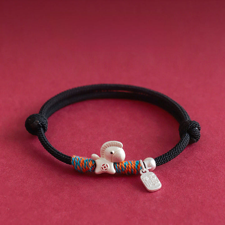 Pulsera trenzada con dijes del personaje Fu del Año del Caballo en plata de ley 999 con Buddha Stones - Caballo plateado de cuerda negra (circunferencia de la muñeca: 15-18 cm) - image 9