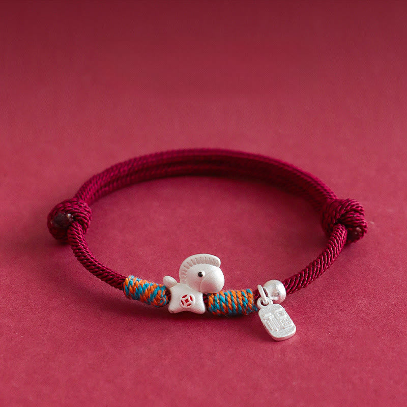 Pulsera trenzada con dijes del personaje Fu del Año del Caballo en plata de ley 999 con Buddha Stones - Caballo plateado de cuerda roja (circunferencia de la muñeca: 15-18 cm) - image 8