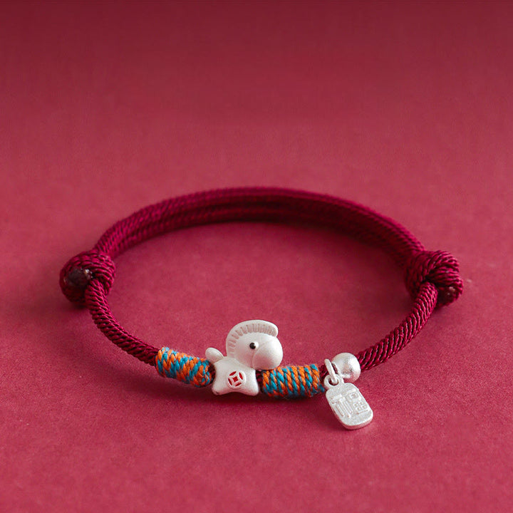 Pulsera trenzada con dijes del personaje Fu del Año del Caballo en plata de ley 999 con Buddha Stones - Caballo plateado de cuerda roja (circunferencia de la muñeca: 15-18 cm) - image 8