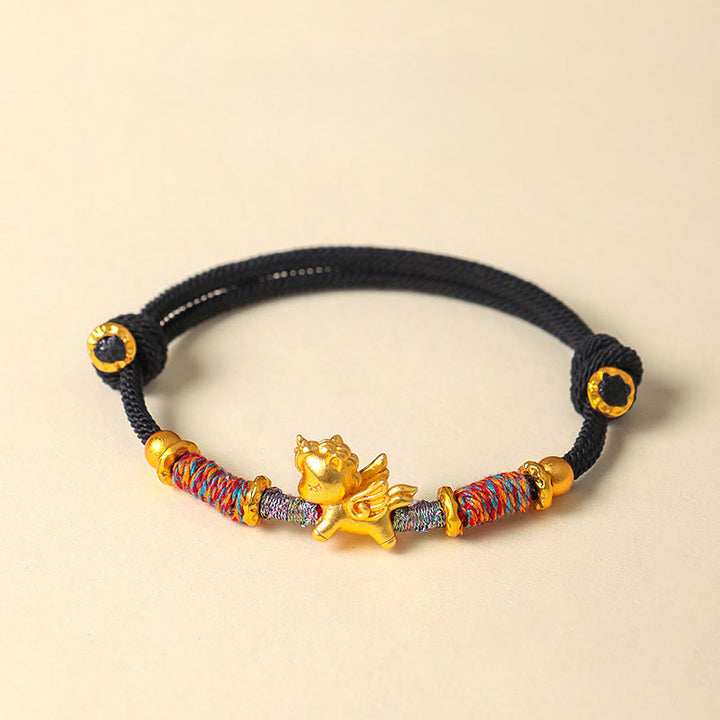 Pulsera de cuerda trenzada con Buddha Stones del Año del Caballo, plata de ley 999 bañada en oro - Cuerda negra (circunferencia de la muñeca: 15-18 cm) - image 16