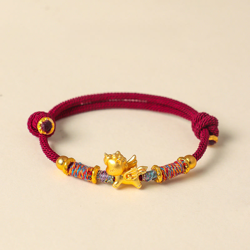 Pulsera de cuerda trenzada con Buddha Stones del Año del Caballo, plata de ley 999 bañada en oro - Cuerda rojo oscuro (circunferencia de la muñeca: 15-18 cm) - image 1