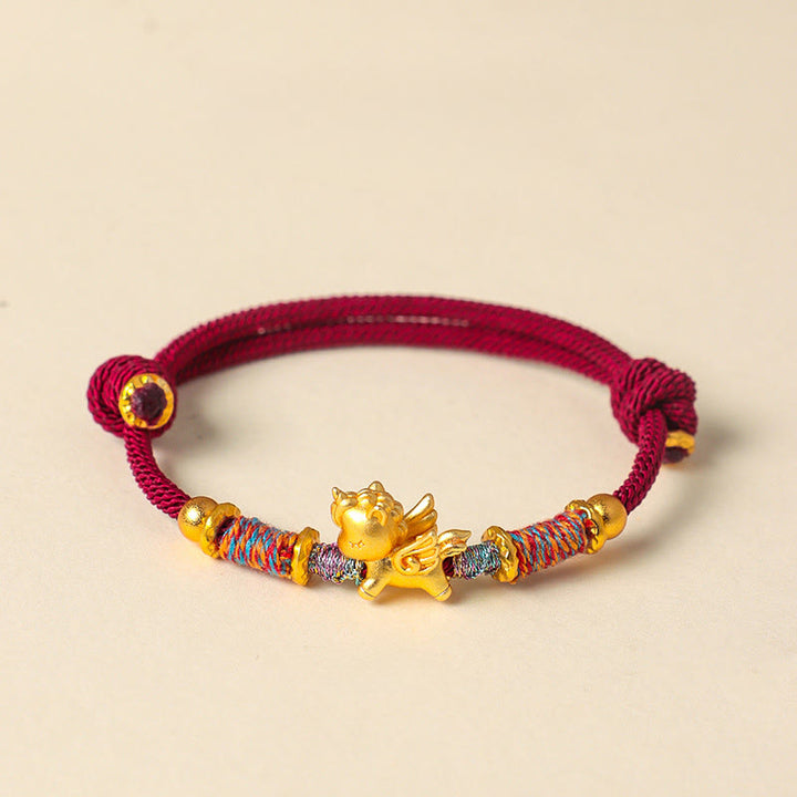 Pulsera de cuerda trenzada con Buddha Stones del Año del Caballo, plata de ley 999 bañada en oro - Cuerda roja oscura (circunferencia de la muñeca: 15-18 cm) - image 1