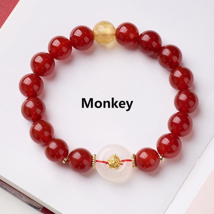 Pulsera de confianza con Buddha Stones, zodíaco chino, año del Caballo, hebilla de paz, ágata roja, calcedonia blanca - Mono - image 24