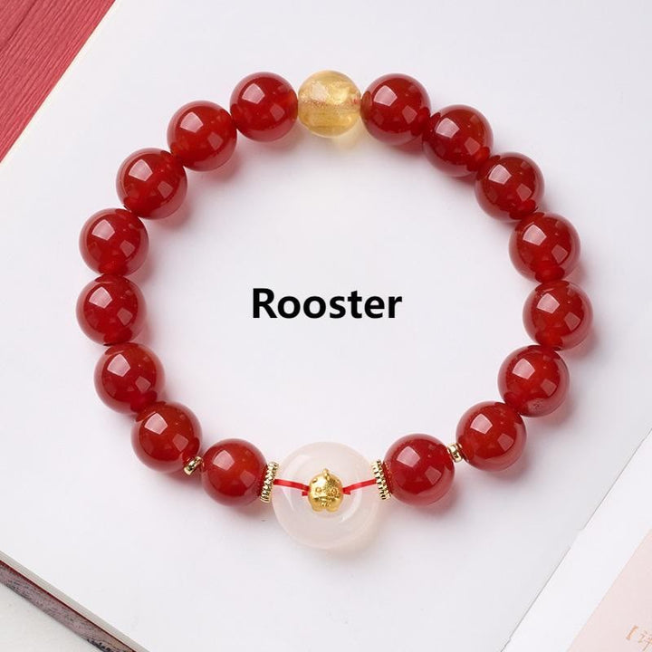 Pulsera de confianza con Buddha Stones, zodíaco chino, año del Caballo, hebilla de paz, ágata roja, calcedonia blanca - Gallo - image 26