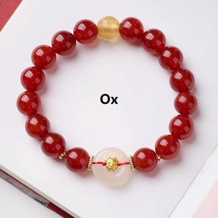 Pulsera de confianza con Buddha Stones, zodíaco chino, año del Caballo, hebilla de paz, ágata roja, calcedonia blanca - Buey - image 12