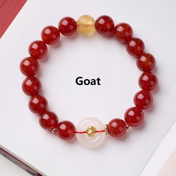 Pulsera de confianza con Buddha Stones, zodíaco chino, año del Caballo, hebilla de paz, ágata roja, calcedonia blanca - Cabra - image 22