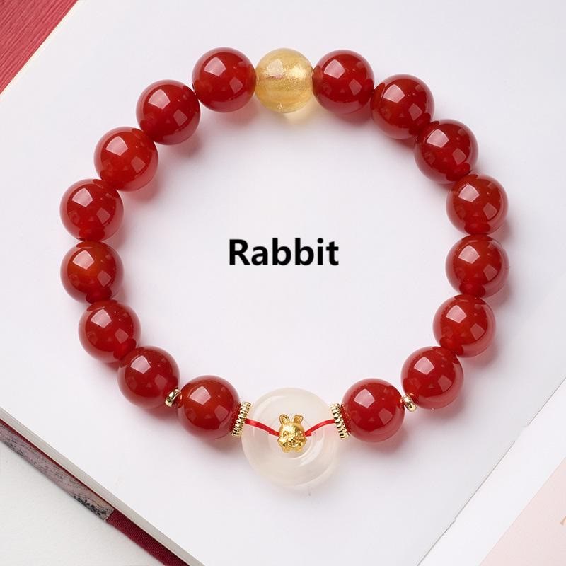 Pulsera de confianza con Buddha Stones, zodíaco chino, año del Caballo, hebilla de paz, ágata roja, calcedonia blanca - Conejo - image 16