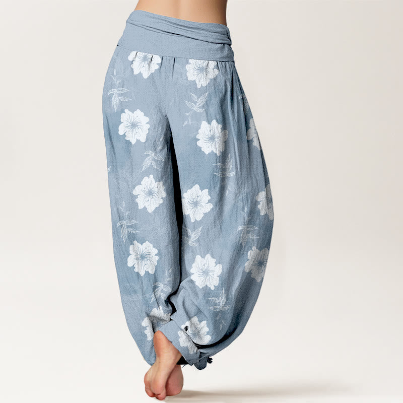 Pantalones Buddha Stones de algodón puro con flores blancas y hierba para mujer, cintura elástica - image 1