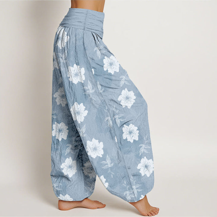 Pantalones Buddha Stones de algodón puro con flores blancas y hierba para mujer, cintura elástica - image 2