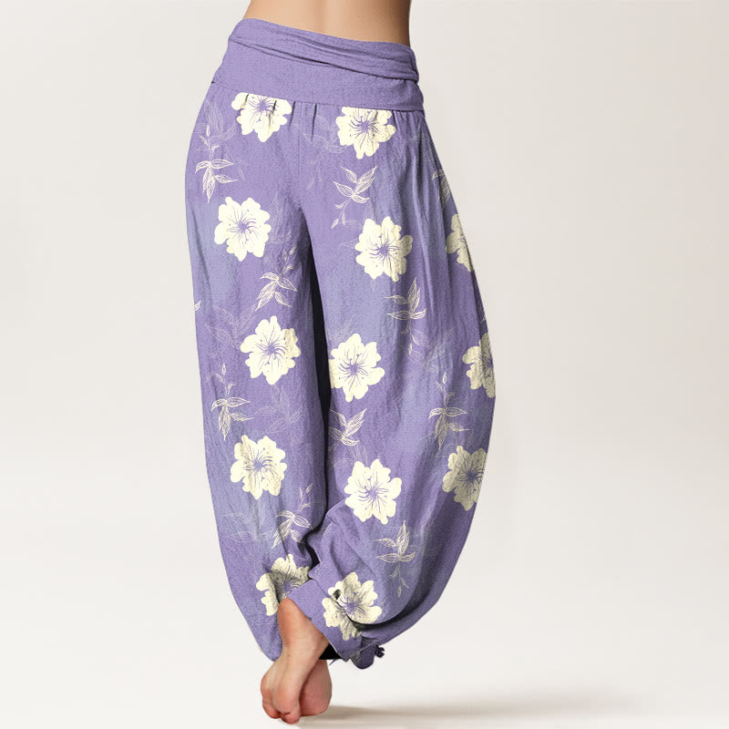 Pantalones Buddha Stones de algodón puro con flores blancas y hierba para mujer, cintura elástica - image 6
