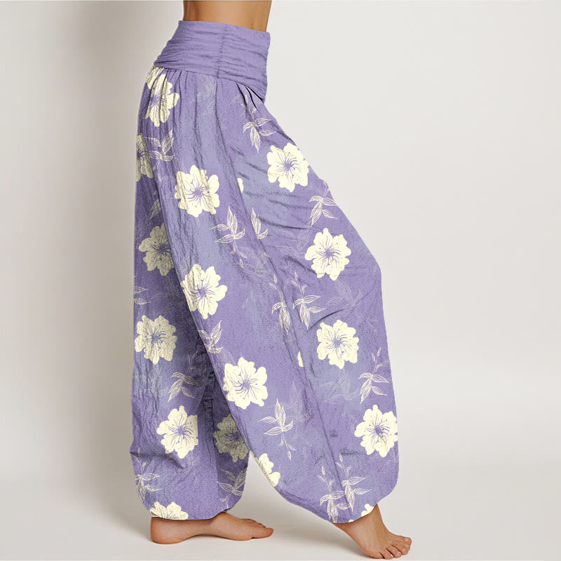 Pantalones Buddha Stones de algodón puro con flores blancas y hierba para mujer, cintura elástica - image 7