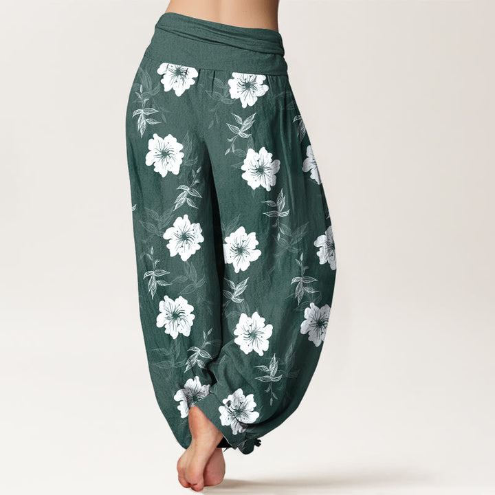 Pantalones Buddha Stones de algodón puro con flores blancas y hierba para mujer, cintura elástica - image 9