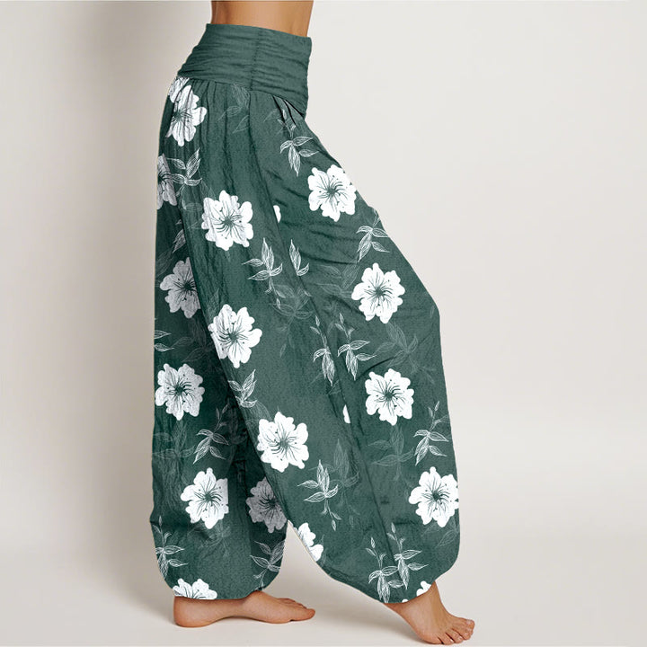 Pantalones Buddha Stones de algodón puro con flores blancas y hierba para mujer, cintura elástica - image 10