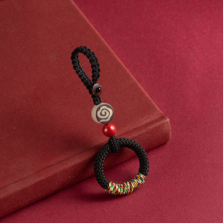 Buddha Stones tejidas a mano con hilo colorido y hebilla de marfil y cinabrio para colgar en el teléfono. - Llavero negro - image 2
