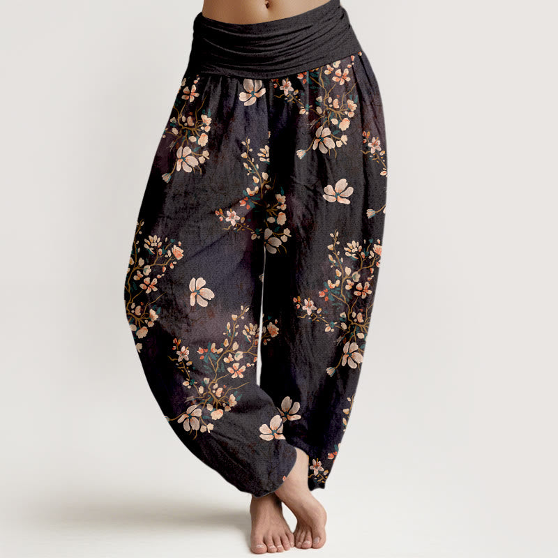 Pantalones harén de cintura elástica para mujer con diseño de flor de cerezo y algodón puro Buddha Stones - Negro - US16，UK/AU20，EU48 (3XL) - image 0