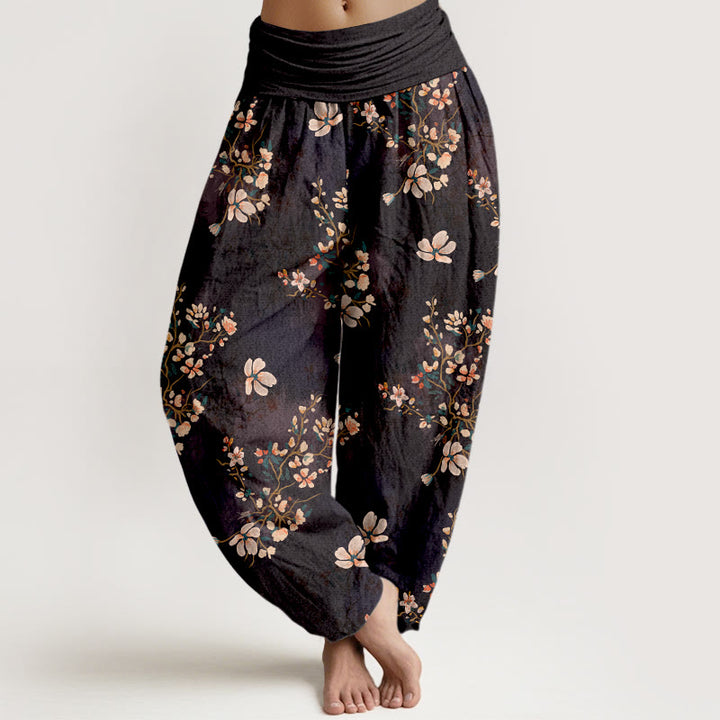 Pantalones harén de cintura elástica para mujer con diseño de flor de cerezo y algodón puro Buddha Stones - Negro - US16，UK/AU20，EU48 (3XL) - image 0