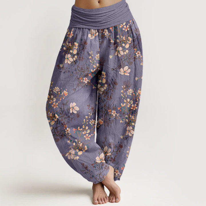 Pantalones harén de cintura elástica para mujer con diseño de flor de cerezo y algodón puro Buddha Stones - Morado medio - US16，UK/AU20，EU48 (3XL) - image 5