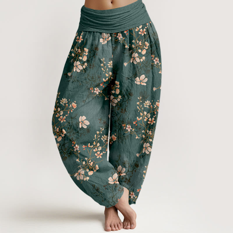 Pantalones harén de cintura elástica para mujer con diseño de flor de cerezo y algodón puro Buddha Stones - Verde azulado - US16，UK/AU20，EU48 (3XL) - image 8