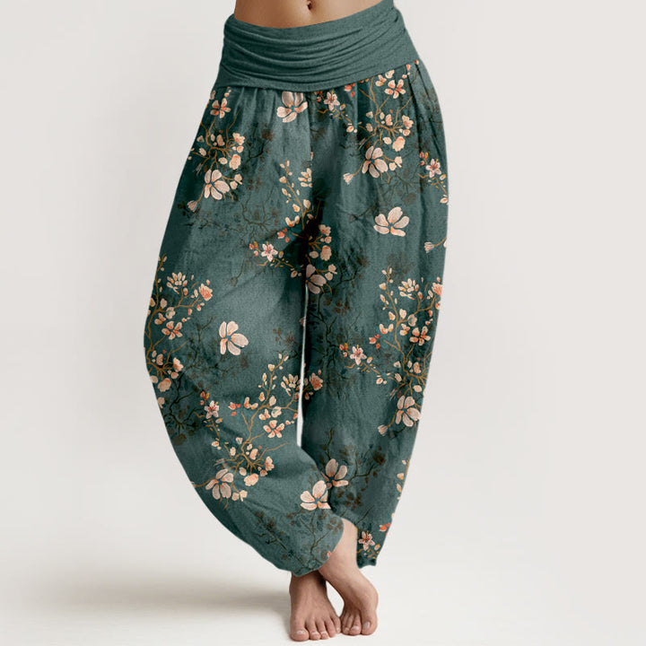 Pantalones harén de cintura elástica para mujer con diseño de flor de cerezo y algodón puro Buddha Stones - Verde azulado - US16，UK/AU20，EU48 (3XL) - image 8