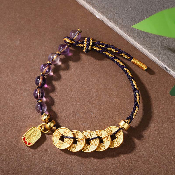 Pulsera de equilibrio para atraer la fortuna con Buddha Stones de los Cinco Emperadores, cobre, amatista, cinabrio, hilo negro y rojo. - Cuerda negra de amatista y cobre (circunferencia de la muñeca: 16-19 cm) - image 0