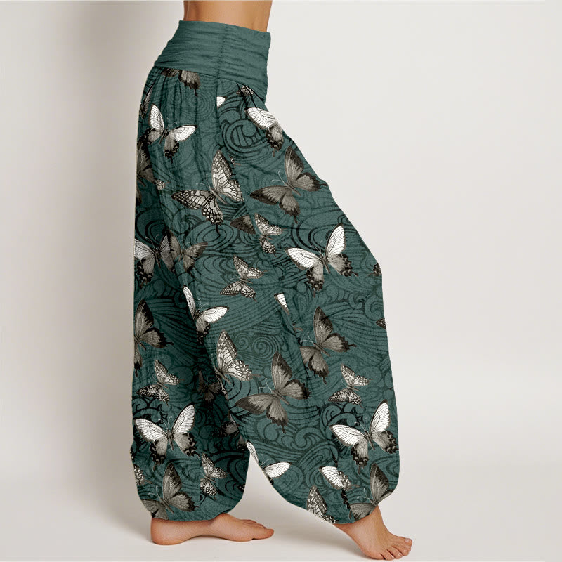Pantalones Buddha Stones de algodón puro con diseño de mariposas grises y negras para mujer, con cintura elástica - image 10